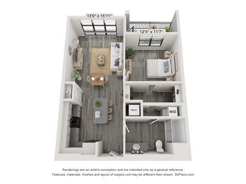 Floor plan for 1 bed, 1 bath, 820 sqft